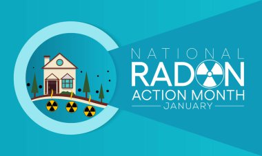 Ulusal Radon eylem ayı her yıl Ocak ayında izleniyor, evlerdeki ve okullardaki radon için kapalı havayı test ederek herkesi sağlıklarını korumaya teşvik ediyor. Vektör illüstrasyonu