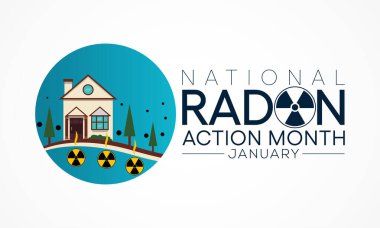 Ulusal Radon eylem ayı her yıl Ocak ayında izleniyor, evlerdeki ve okullardaki radon için kapalı havayı test ederek herkesi sağlıklarını korumaya teşvik ediyor. Vektör illüstrasyonu