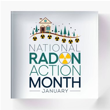 Ulusal Radon eylem ayı her yıl Ocak ayında izleniyor, evlerdeki ve okullardaki radon için kapalı havayı test ederek herkesi sağlıklarını korumaya teşvik ediyor. Vektör illüstrasyonu