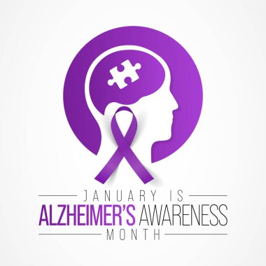 Ocak ayında her yıl Alzheimer 'ın farkındalık ayı gözlemlenir, beynin küçülmesine (atrofi) ve beyin hücrelerinin ölmesine neden olan ilerici bir nörolojik bozukluktur. Vektör illüstrasyonu
