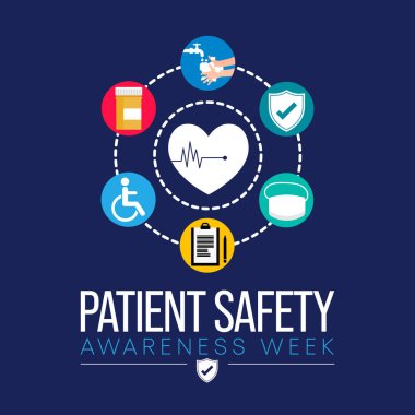 Sağlık uzmanları, hastalar ve aileler arasındaki hasta güvenliği konusundaki farkındalığı artırmak amacıyla, Mart ayında her yıl hasta güvenliği haftası gözlemlenmektedir. Vektör illüstrasyonu