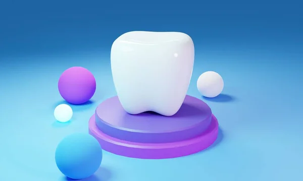 3D Rendering of a white stylized Tooth on blue background, can be used as template, mockup or medical background.