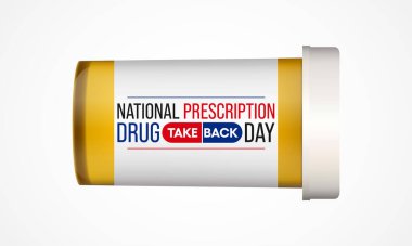 Ulusal Reçeteli uyuşturucu geri alma günü her yıl nisan ayında gözlemlenmekte olup, kullanılmayan veya tarihi geçmiş reçeteli ilaçlardan kurtulmanın güvenli, uygun ve sorumlu bir yoludur. Vektör illüstrasyonu