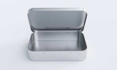 Beyaz arkaplanda kare şekilli Menteşeli Tin kutusunun 3B görüntülenmesi. 