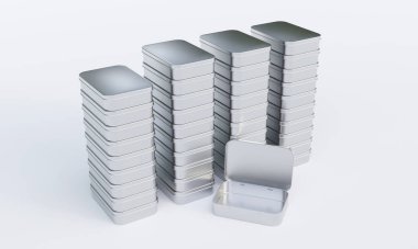 Beyaz arkaplanda kare şekilli Menteşeli Tin kutusunun 3B görüntülenmesi. 