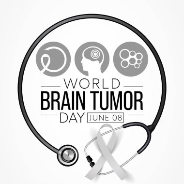 Dünya Beyin Tümörü Günü her yıl 8 Haziran 'da kutlanır. Beyinde tümör adı verilen kitleler oluşturan hücrelerin aşırı büyümesidir. Vücudun çalışma şeklini bozabilirler. Vektör illüstrasyonu