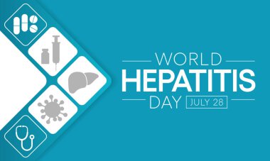 Dünya Hepatit Günü her yıl 28 Temmuz 'da gözlemlenir, karaciğer iltihaplandığında veya hasar gördüğünde, işlevi etkilenebilir ve bazı tıbbi durumlar hepatite neden olabilir. Vektör illüstrasyonu