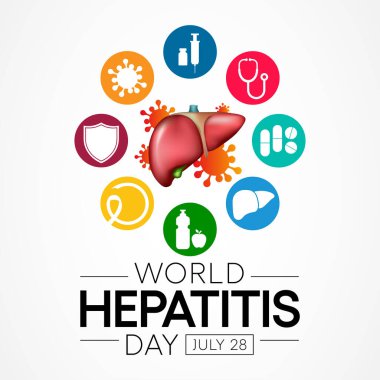Dünya Hepatit Günü her yıl 28 Temmuz 'da gözlemlenir, karaciğer iltihaplandığında veya hasar gördüğünde, işlevi etkilenebilir ve bazı tıbbi durumlar hepatite neden olabilir. Vektör illüstrasyonu