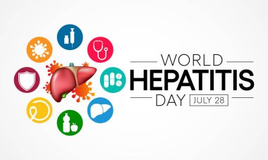 Dünya Hepatit Günü her yıl 28 Temmuz 'da gözlemlenir, karaciğer iltihaplandığında veya hasar gördüğünde, işlevi etkilenebilir ve bazı tıbbi durumlar hepatite neden olabilir. Vektör illüstrasyonu