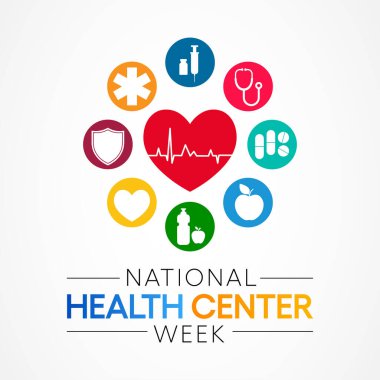 Ulusal Sağlık Merkezi Haftası, geçtiğimiz 50 yıl boyunca Amerika 'daki sağlık merkezlerinin misyonu ve başarıları hakkında farkındalığı artırmak amacıyla Ağustos ayı boyunca her yıl gözlemlenmektedir. Vektör illüstrasyonu