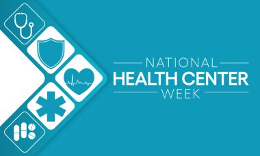 Ulusal Sağlık Merkezi Haftası, geçtiğimiz 50 yıl boyunca Amerika 'daki sağlık merkezlerinin misyonu ve başarıları hakkında farkındalığı artırmak amacıyla Ağustos ayı boyunca her yıl gözlemlenmektedir. Vektör illüstrasyonu