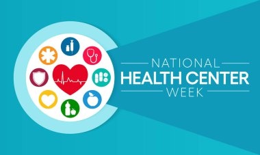 Ulusal Sağlık Merkezi Haftası, geçtiğimiz 50 yıl boyunca Amerika 'daki sağlık merkezlerinin misyonu ve başarıları hakkında farkındalığı artırmak amacıyla Ağustos ayı boyunca her yıl gözlemlenmektedir. Vektör illüstrasyonu