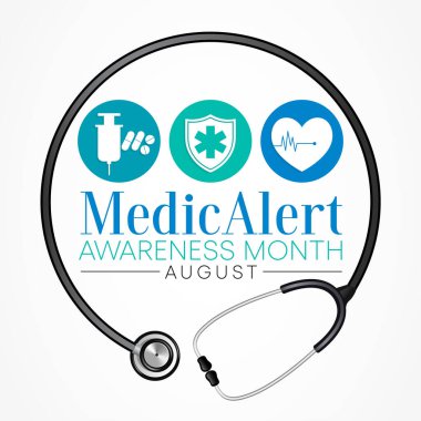 Medic Alert Alert Kimlikleri 'nin ihtiyaçları ve kullanımları hakkında halkı eğitmeye adanmış olarak, Ağustos ayında her yıl Medic Alert Alert ayı gözlemlenmektedir. Vektör illüstrasyonu