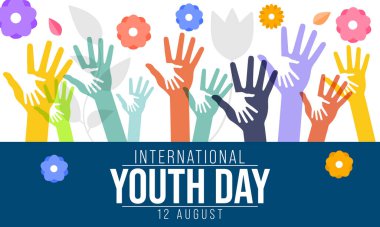 Uluslararası Gençlik Günü her yıl 12 Ağustos 'ta kutlanır. Günün amacı, gençliği çevreleyen belli bir dizi kültürel ve hukuki meseleye dikkat çekmek. Vektör illüstrasyonu