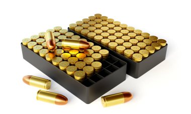 Beyaz arka planda izole edilmiş 9 mm 'lik mermilerin 3 boyutlu görüntüsü.