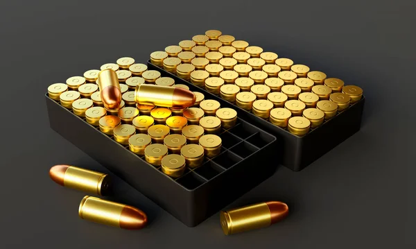 Rendering Van 9Mm Kogels Met Compartiment Doos Geïsoleerd Donkere Achtergrond — Stockfoto