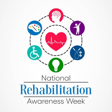 Eylül ayında her yıl Ulusal Rehabilitasyon Bilinci Haftası gözlemlenmekte olup, bu, işlevsel beceriyi ve yaşam kalitesini artırmayı ve geri getirmeyi amaçlayan bir tıp dalıdır. Vektör illüstrasyonu