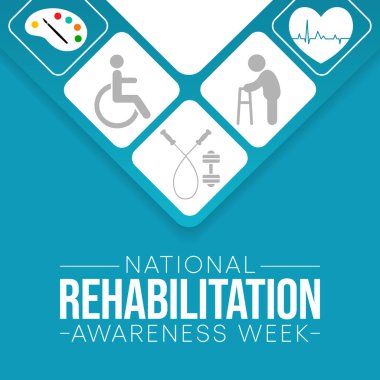 Eylül ayında her yıl Ulusal Rehabilitasyon Bilinci Haftası gözlemlenmekte olup, bu, işlevsel beceriyi ve yaşam kalitesini artırmayı ve geri getirmeyi amaçlayan bir tıp dalıdır. Vektör illüstrasyonu