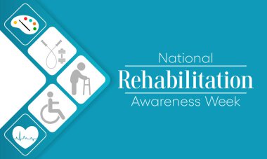 Eylül ayında her yıl Ulusal Rehabilitasyon Bilinci Haftası gözlemlenmekte olup, bu, işlevsel beceriyi ve yaşam kalitesini artırmayı ve geri getirmeyi amaçlayan bir tıp dalıdır. Vektör illüstrasyonu