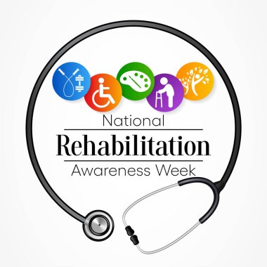 Eylül ayında her yıl Ulusal Rehabilitasyon Bilinci Haftası gözlemlenmekte olup, bu, işlevsel beceriyi ve yaşam kalitesini artırmayı ve geri getirmeyi amaçlayan bir tıp dalıdır. Vektör illüstrasyonu