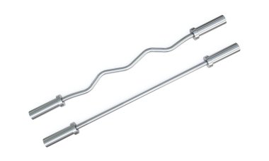 EZ and straight Curl bars isolated on white background, stainless steel gym equipment. 3D Rendering