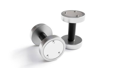 Dumbbells isolated on white background, gym equipment, stainless steel and rubber coated. 3D Rendering