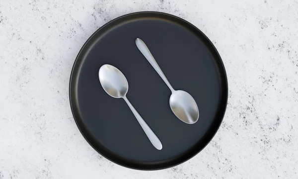 Spoons Placed Frying Pan Isolated Marble Background Rendering — 스톡 사진