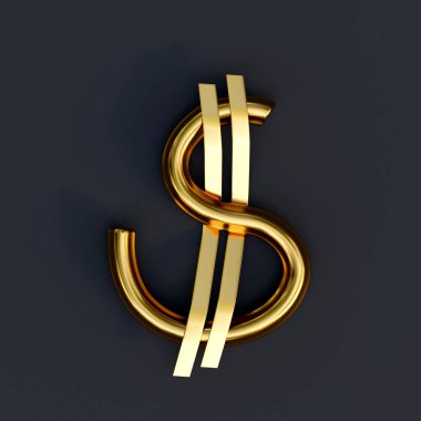 Koyu arka planda izole edilmiş dolar işareti çizimi, altın doku, serin dolar simgesi. 3B Hazırlama