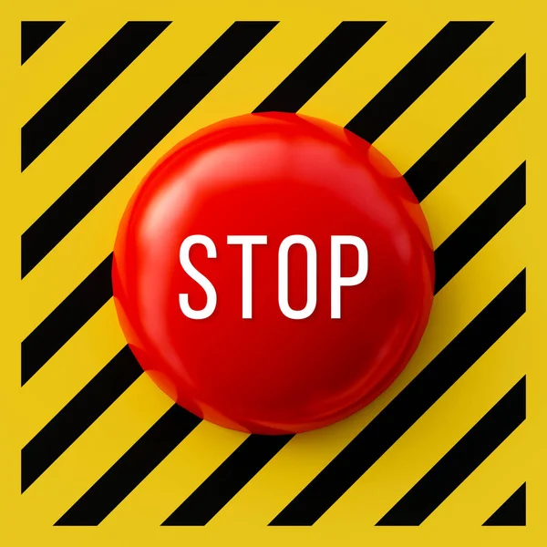 停止按钮与红色隔离在黑色和黄色条纹背景 3D渲染 — 图库照片