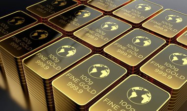 Altın bisküviler koyu lüks arka planda izole edilmiş, 10 gramlık bar, premium illüstrasyon. 3B Hazırlama
