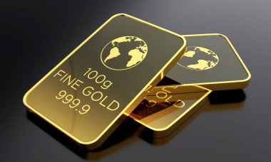 Altın bisküviler koyu lüks arka planda izole edilmiş, 10 gramlık bar, premium illüstrasyon. 3B Hazırlama