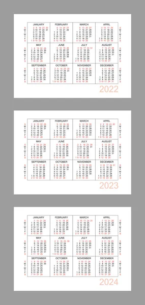 Poziomy Kalendarz Lata 2022 2023 2024 Prosta Siatka Kalendarzowa Białym — Wektor stockowy