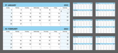 2022 yılı için yatay takvim, 1 sayfada 2 ay. Pazar 'dan Pazartesi' ye kadar beyaz bir arkaplanda izole edilmiş basit takvim şablonu, basılmaya hazır. Vektör illüstrasyonu.