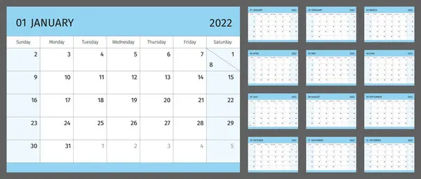 Poziomy Kalendarz 2022 Rok Miesiąc Każdej Stronie Prosta Siatka Kalendarzowa — Wektor stockowy
