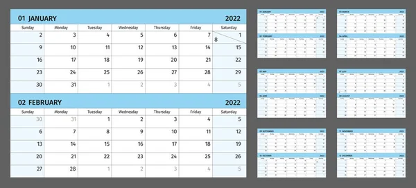 Kalendarz Horyzontalny 2022 Rok Miesiąc Strona Prosta Siatka Kalendarzowa Białym — Wektor stockowy