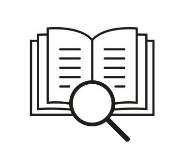 Büyüteçli kitap (büyüteç), düz doğrusal basit simge. Araştırma, okuma, öğrenim, bilgi, eğitim konsepti için piktogram. Vektör satırı illüstrasyonu, düzenlenmesi kolay.