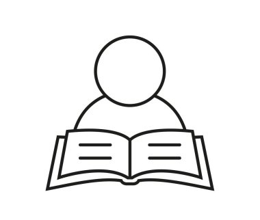 Kitap okuyan adam, düz doğrusal basit simge. Okuma, öğrenim, bilgi, eğitim konsepti için resim. Vektör satırı illüstrasyonu, düzenlenmesi kolay.