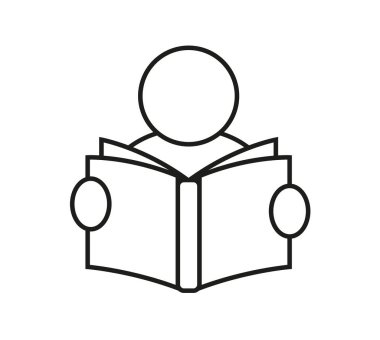 Kitap okuyan adam, düz doğrusal basit simge. Okuma, öğrenim, bilgi, eğitim konsepti için resim. Vektör satırı illüstrasyonu, düzenlenmesi kolay.