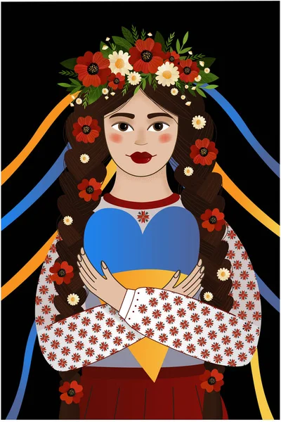 Mujer Ucraniana Corona Con Las Amapolas Las Margaritas Tradicional Vyshyvanka — Vector de stock