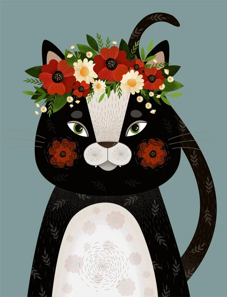 Haşhaş Papatya Tacıyla Siyah Bir Kedinin Şirin Portresi Dekoratif Bir — Stok Vektör