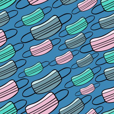 Tıbbi yüz maskeleri. Kusursuz vektör deseni. Bitmek bilmeyen bir süs. Virüs enfeksiyonuna karşı kişisel koruyucu ekipman. Mavi arka planda tıbbi ürünler. Kapak fikri, duvar kağıdı, tekstil, web tasarımı. Tıbbi konular. Çizgi film biçimi.