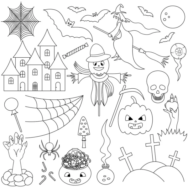 Halloween Sketch Set Vector Illustrations Collection Festive Mystical Elements Pumpkin — Stock Vector