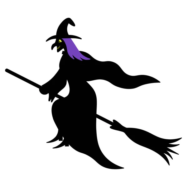 Witch Flies Astride Broomstick Silhouette Vector Illustration Isolated White Background — Stock Vector