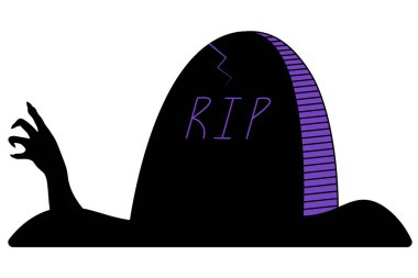 El ve mezar taşı. Siluet. Ölü adamın eli mezar taşının altından sürünerek çıkıyor. Yazıt - Huzur içinde yatsın. Keskin tırnaklı pörtlek parmaklar. Vektör çizimi. Mezarlıkta bir mezar. Uğursuz zombi palmiyesi yüzeye çıktı.. 