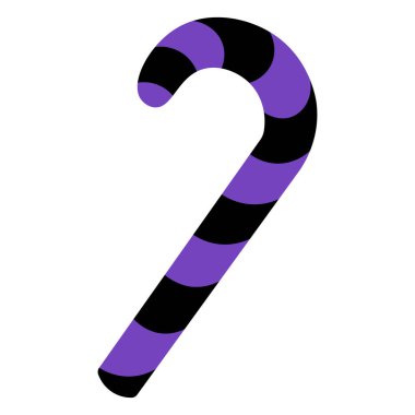 Tatlı lolipop. Şeker kamışı şeklinde karamel çubuk. Siyah ve mor çizgili şeker. Şeker mi şaka mı? Renkli vektör çizimi. Cadılar Bayramı. İzole edilmiş beyaz arka plan. Düz stil. Kutlama baskısı. Web tasarımı için fikir.