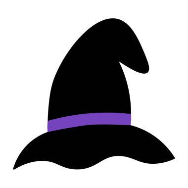 Cadı şapkası. Siluet. Vektör çizimi. İzole edilmiş beyaz arka plan. Muhteşem başlık mor bir kurdeleyle süslenmiş. Cadılar Bayramı sembolü Azizler Günü için madalya. Web tasarımı için fikir.