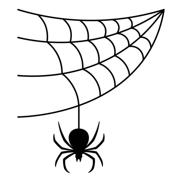 Spider Weaves Web Black Widow Silhouette Insect Hangs Thin Thread — Stock Vector
