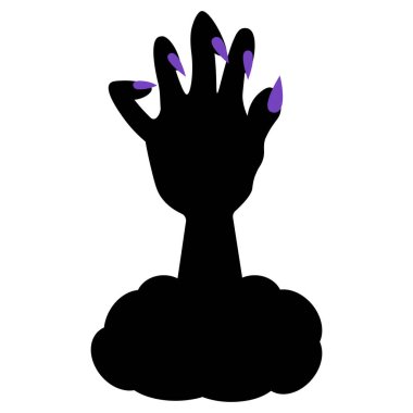 Mor tırnaklı bir elin silueti. Ölü bir adamın patisi taş yığınının altından sürünerek çıkar. Keskin pençeli pörtlek parmaklar. Uğursuz zombi palmiyesi yüzeye çıktı. Vektör çizimi. İzole edilmiş beyaz arka plan. Cadılar Bayramı sembolü. 