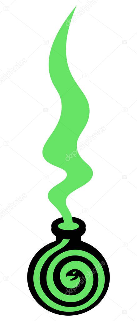 Poison bottle. Silhouette. Magical green vapors in the form of a snake emerge from the bubble. Vector illustration. Reptile with fangs. A miraculous drink. Witch potion in a jar. Isolated white background. Halloween symbol. Idea for web design.