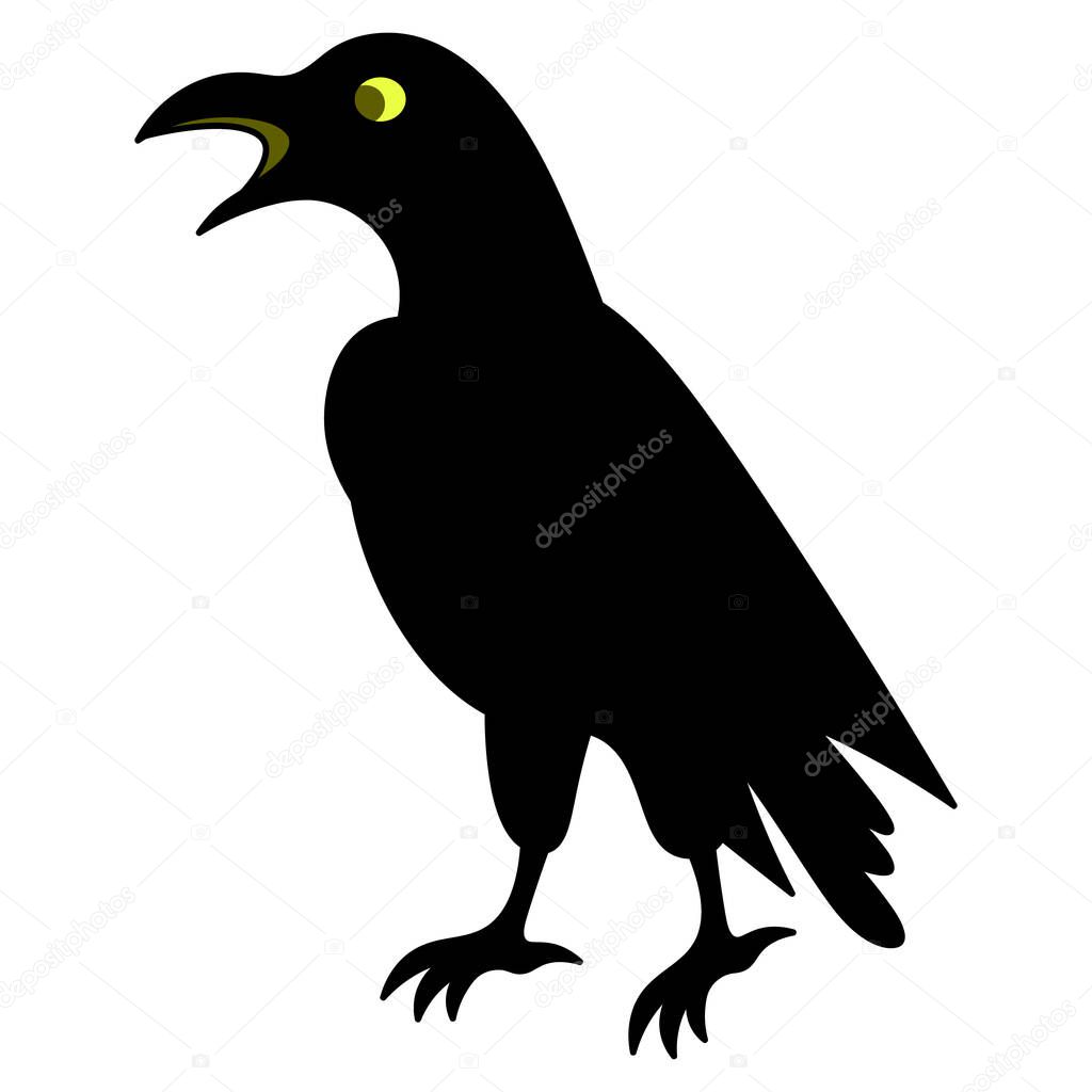 Crow. Silhouette. A mystical black bird with luminous eyes croaks loudly. Vector illustration. Isolated white background. Halloween symbol. Messenger of the underworld. Scavenger bird. Creation associated with omens and superstitions. 